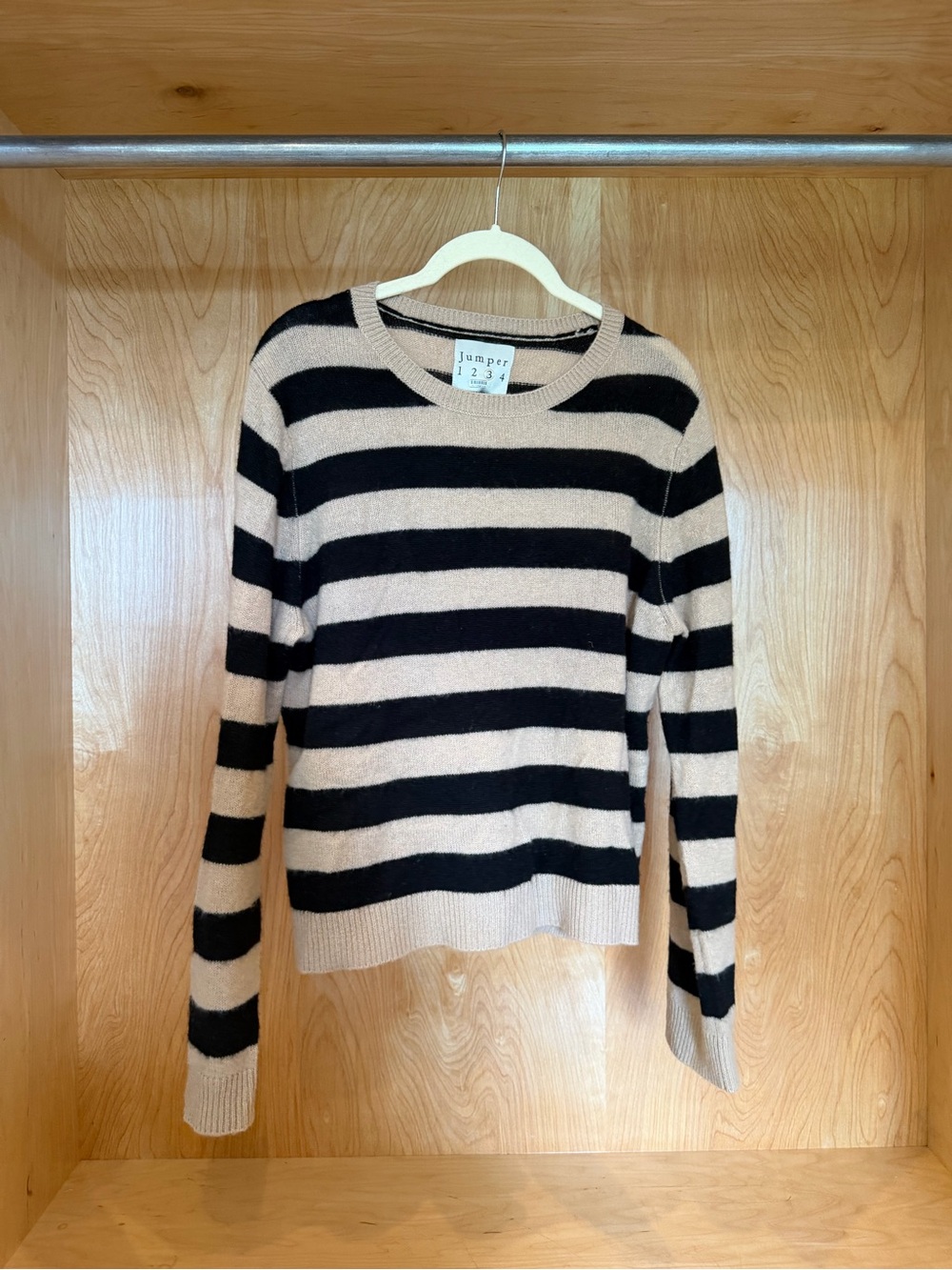 Jumper 1234 100% Cashmere Black and Beige Striped Crewneck Sweater
